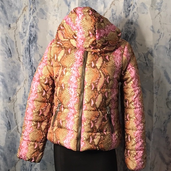 NWT New Look warm soft puffer jacket with hood full zipper snake print zipper M - Picture 5 of 14